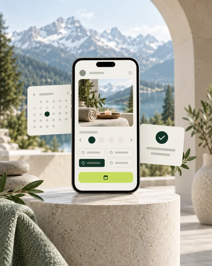 Mobile appointment booking app showing service selection, available dates and time slots