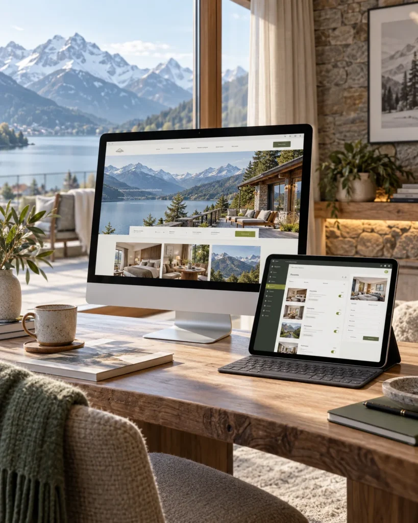 Hospitality website and WordPress CMS displayed in a Swiss alpine workspace