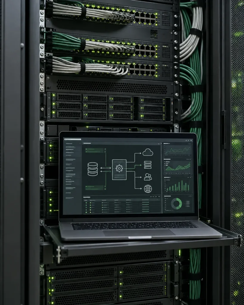 Backend server infrastructure with database and API monitoring dashboard