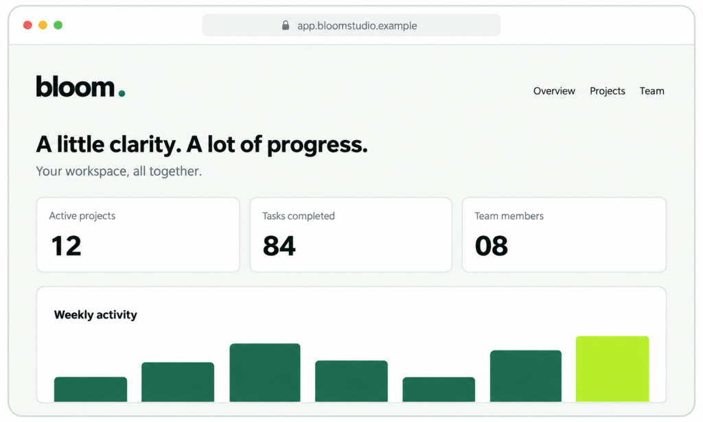 Bloom project management dashboard showing projects, tasks and team activity