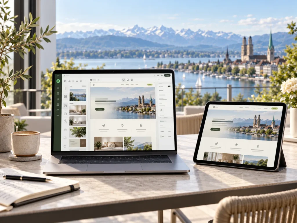 CMS editor and responsive website preview displayed on a laptop and tablet overlooking Zurich, Switzerland