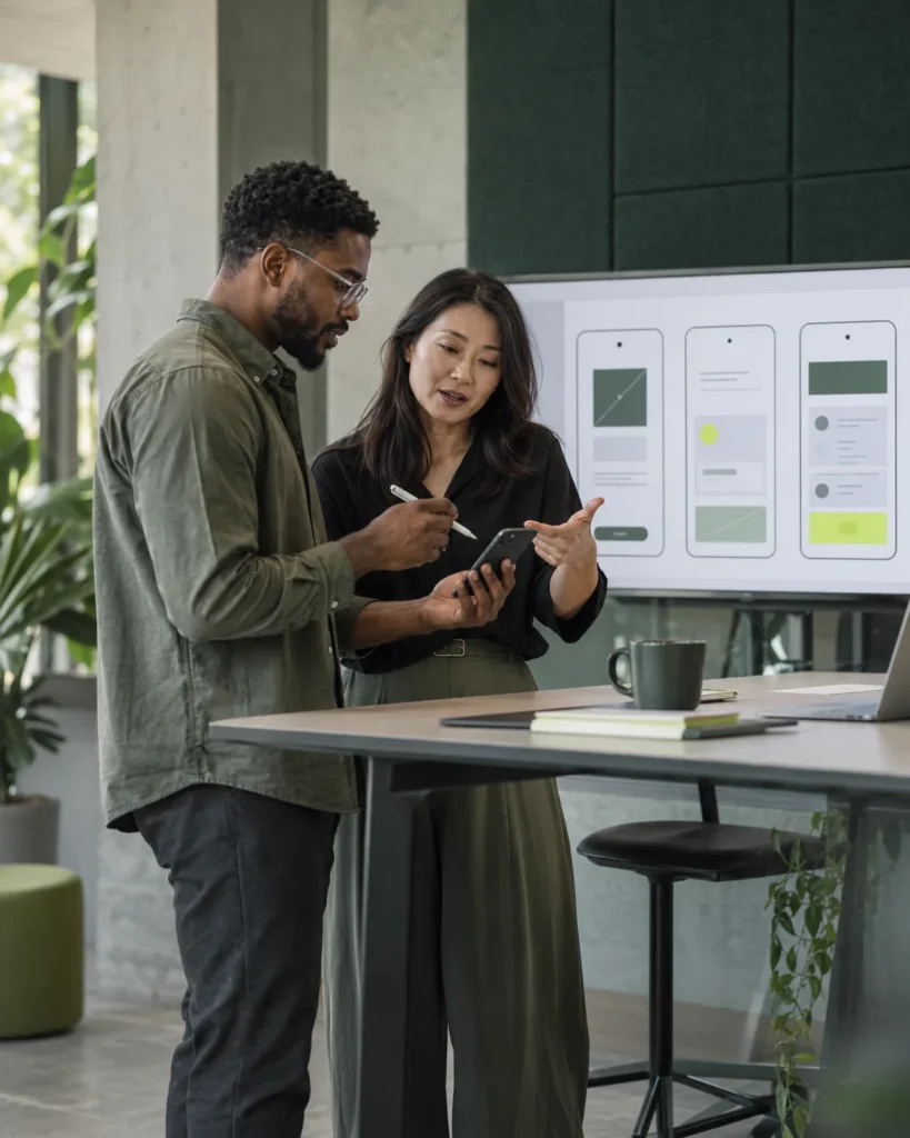 Mobile developer and product strategist reviewing an app prototype in a modern office