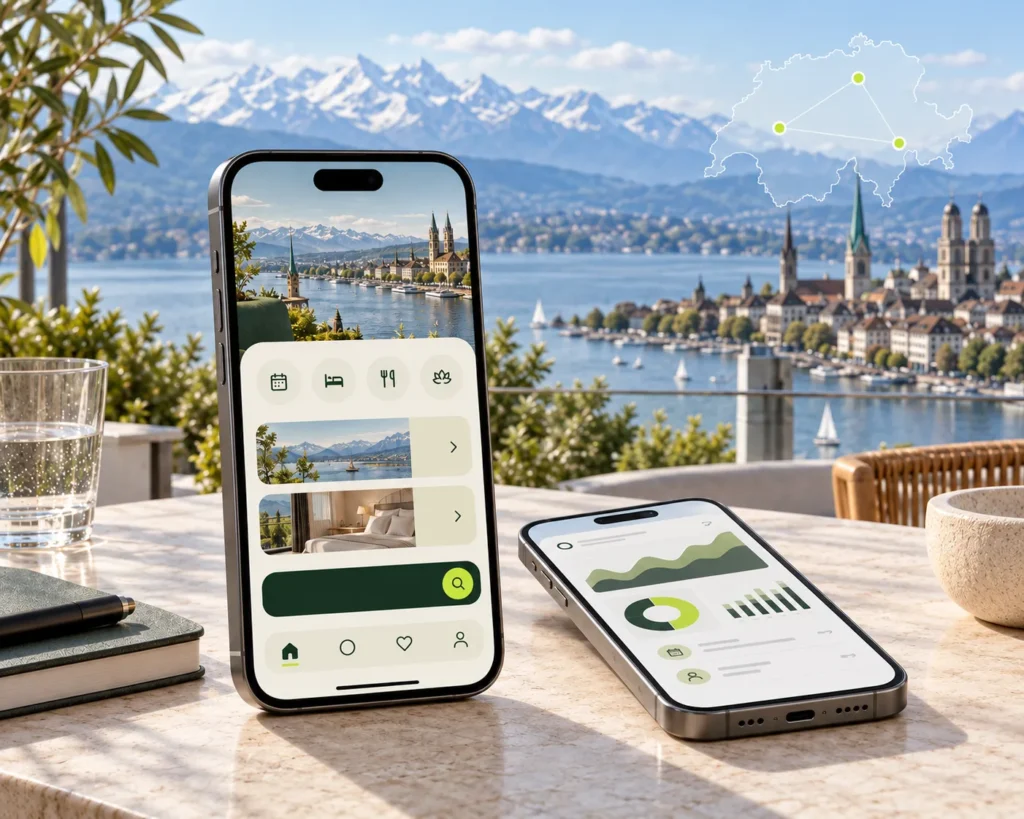 Connected mobile application interfaces displayed against a Swiss city and Alpine background.