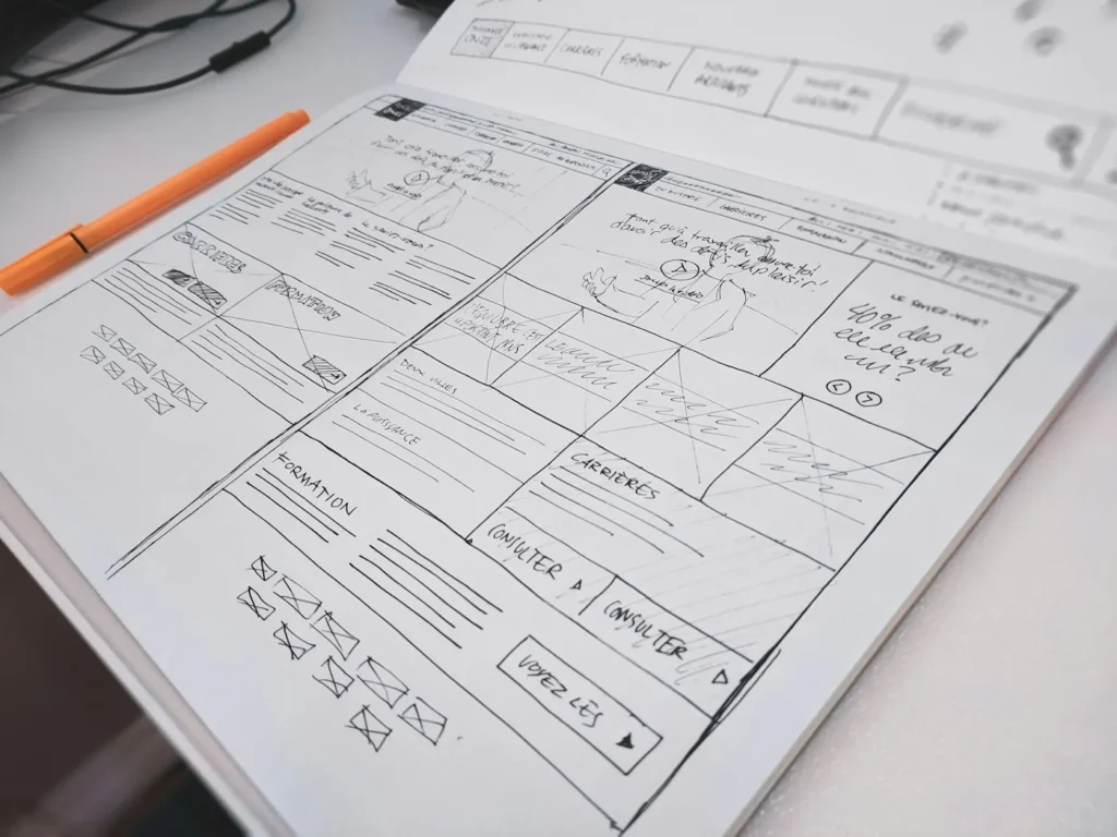 Website wireframes and interface sketches for custom website development