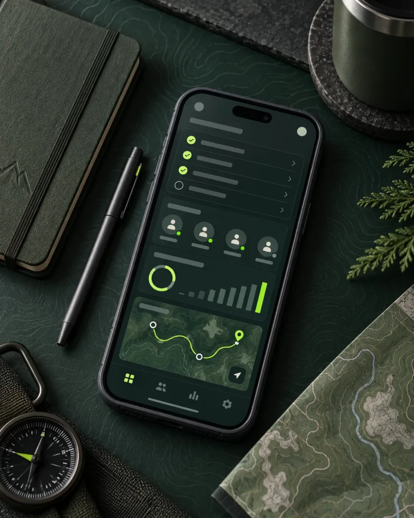 Mobile business operations app showing team tasks, progress and location tracking