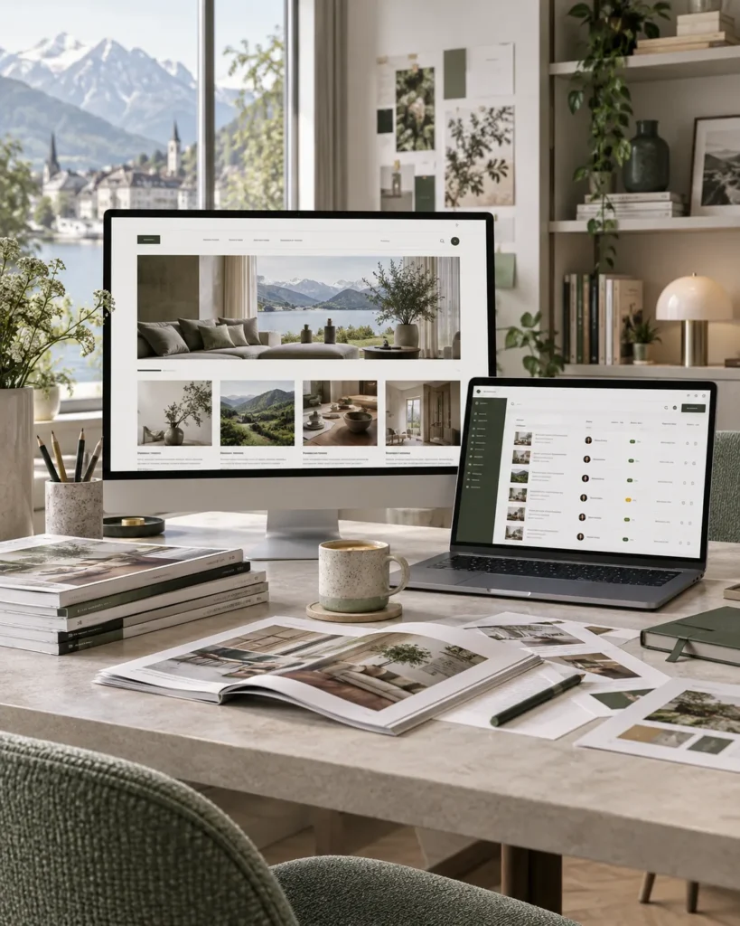 Editorial website and content publishing CMS displayed in a creative workspace