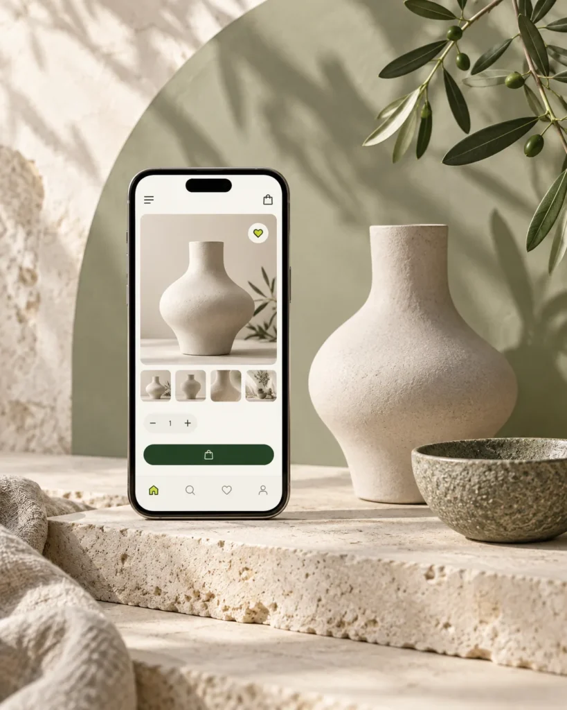 Mobile homeware shopping app displaying a ceramic vase with product purchasing options