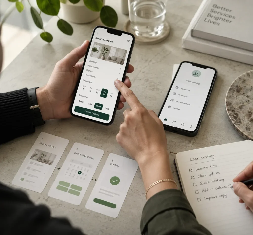 Professionals testing a mobile service-booking application and reviewing its user flow.