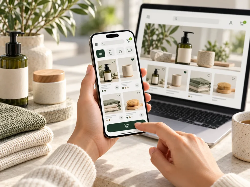 Customer shopping through a mobile e-commerce store with a responsive desktop website