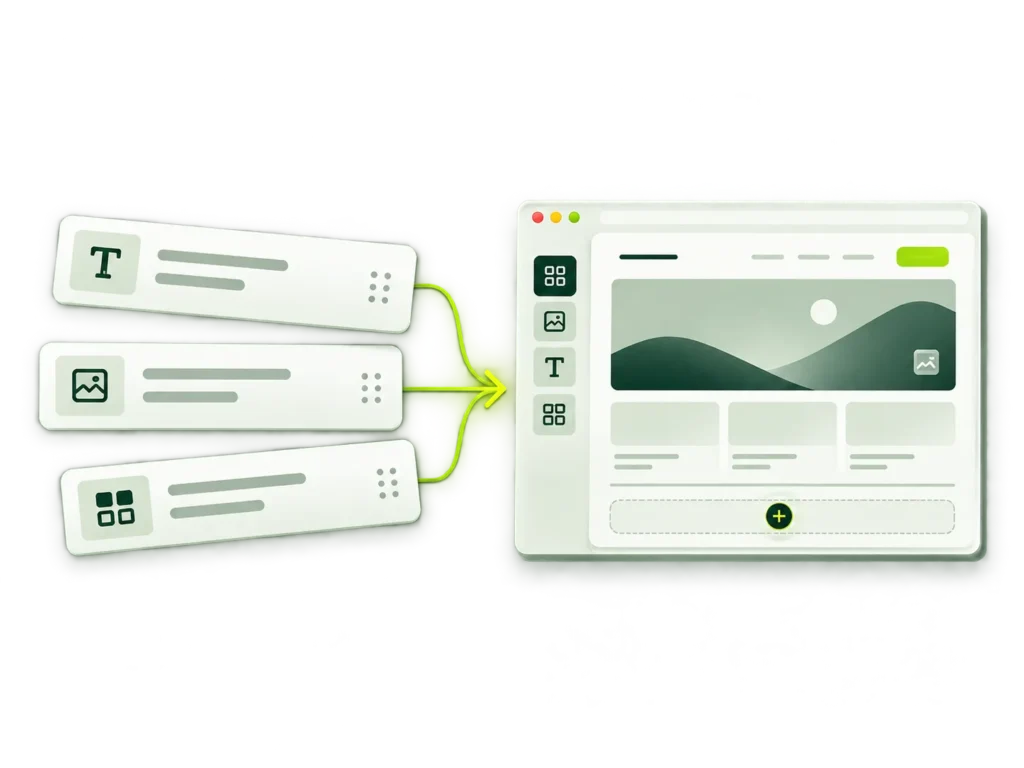 Modular content blocks connecting to a no-code website builder interface