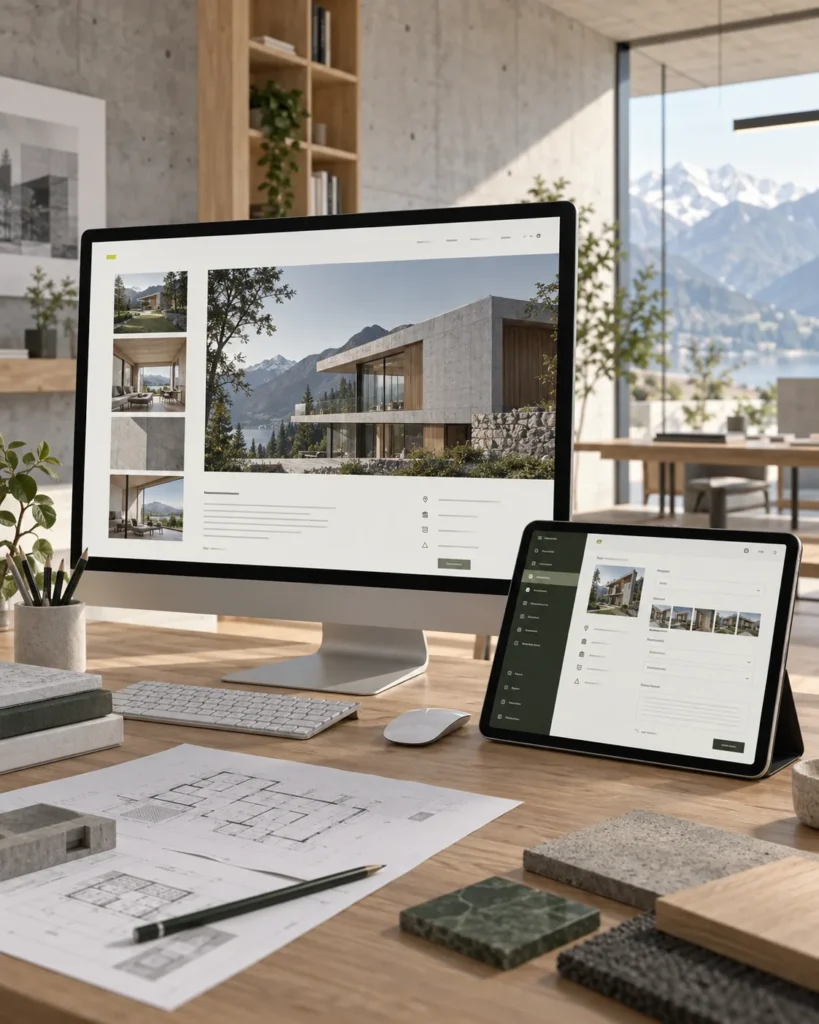 Architecture portfolio website and structured CMS displayed in a modern design studio