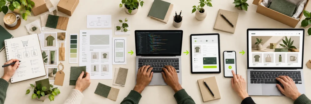 E-commerce development process from store planning and design to development, checkout testing and responsive launch
