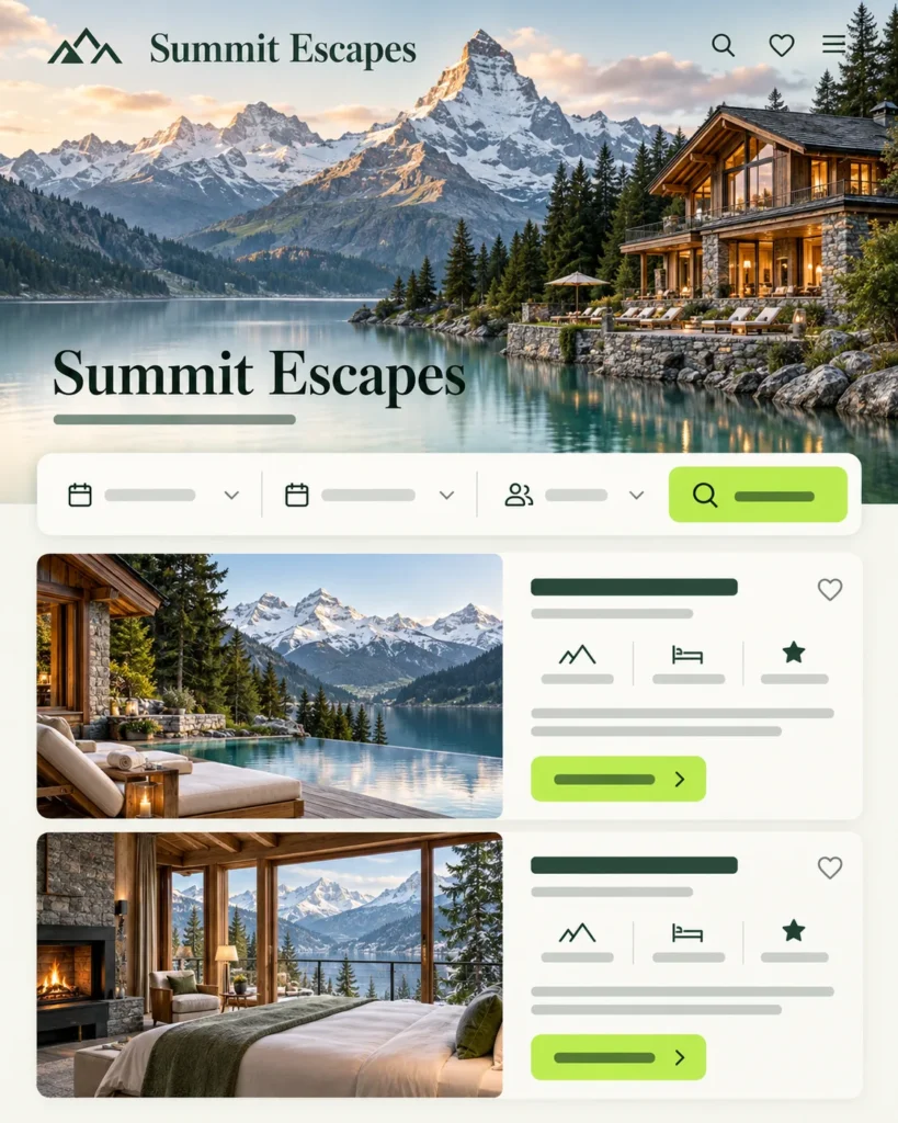 Alpine retreat discovery and booking website interface
