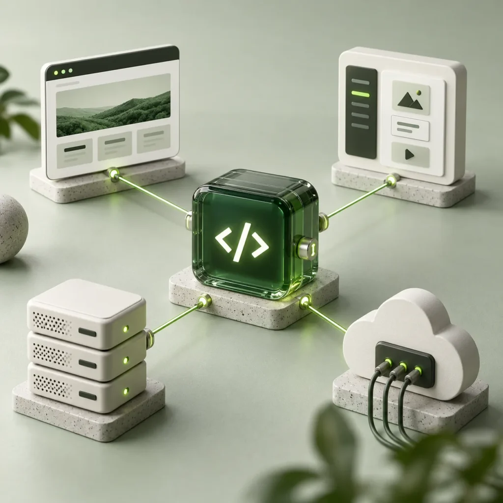 Website technical setup connecting frontend, CMS, servers and cloud integrations