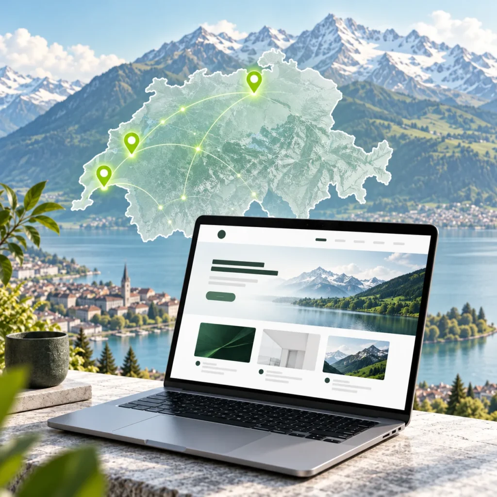 Web design services across Switzerland with a laptop, Swiss map and connected locations