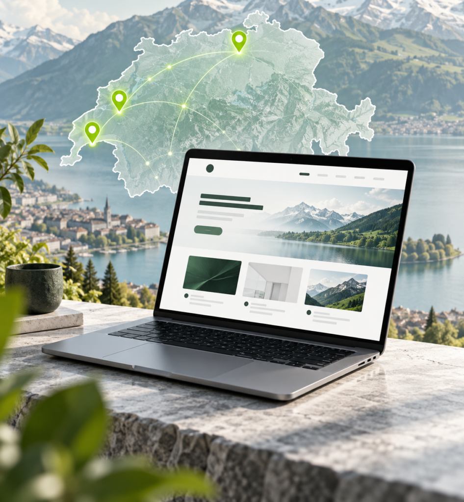Web design services across Switzerland with a laptop, Swiss map and connected locations