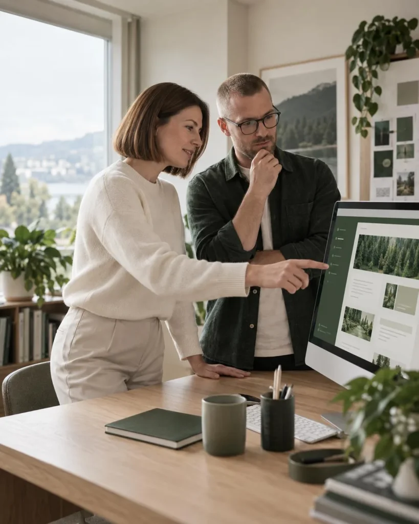CMS strategist and developer reviewing a website content management interface together