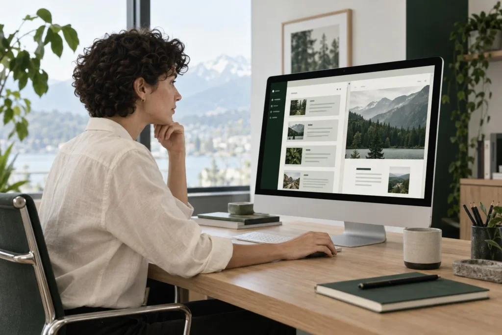 Product designer reviewing mobile application requirements and interface designs on a desktop screen
